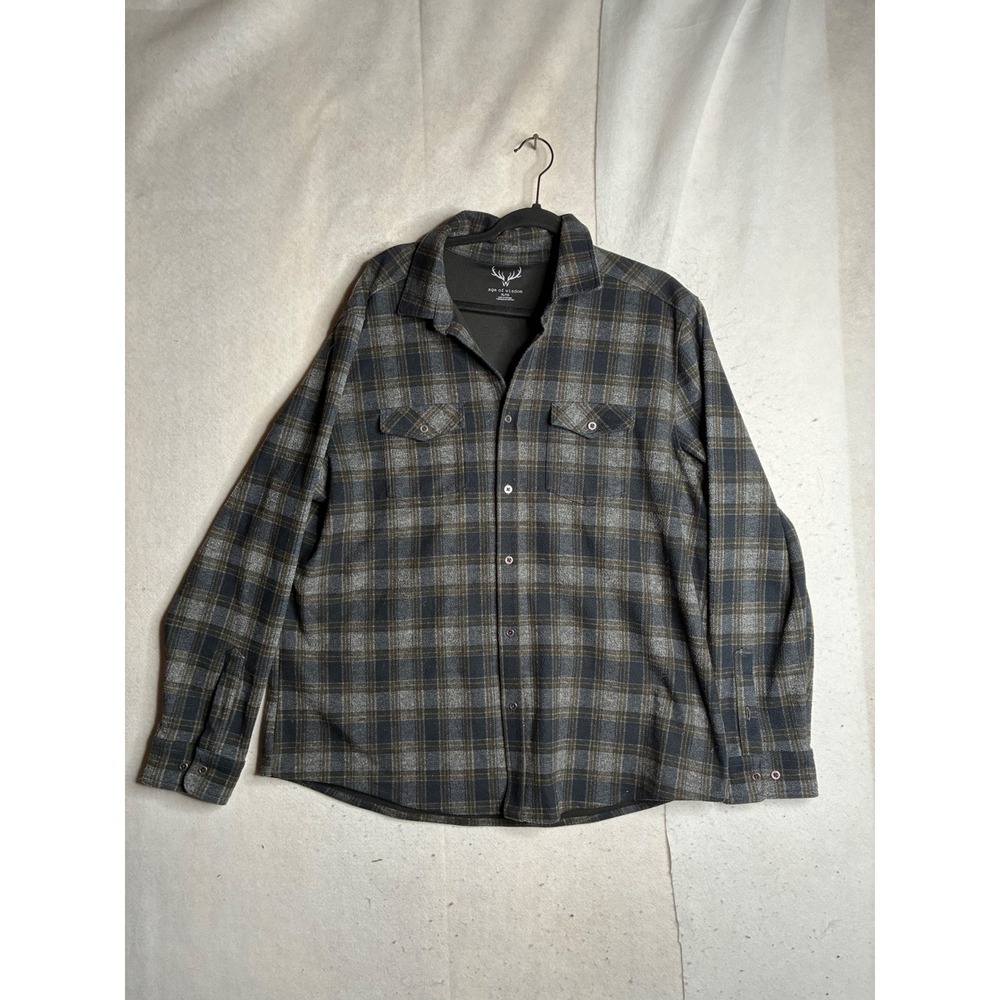 Age of Wisdom Mens XL Plaid Fleece Button Down Shirt Grey Green Long Sleeve 3602